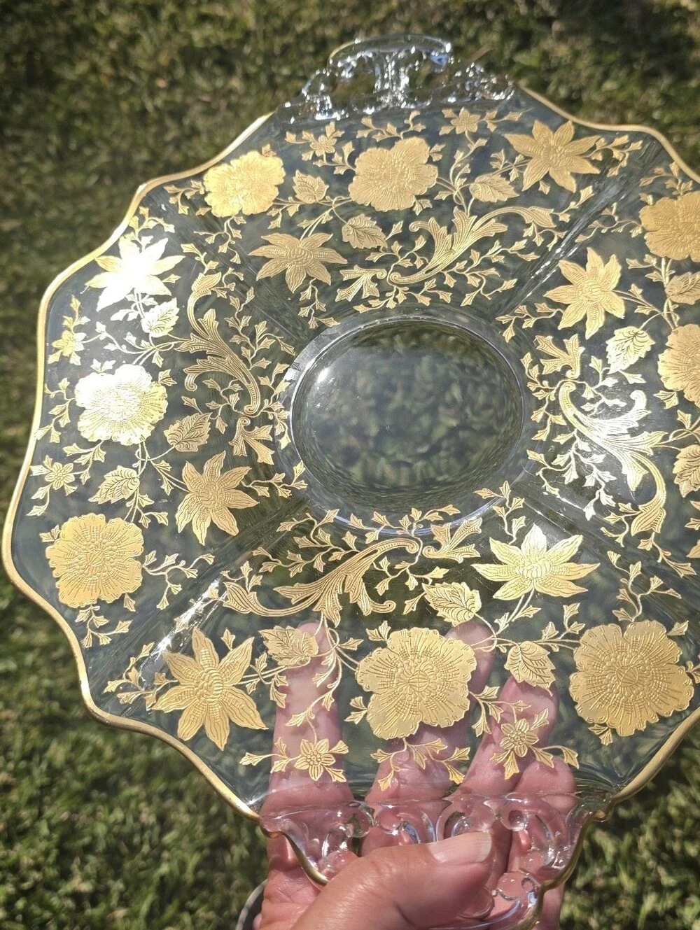 Vintage 1930s Cambridge Glass Wildflower Gold Encrusted 2-Handled Platter